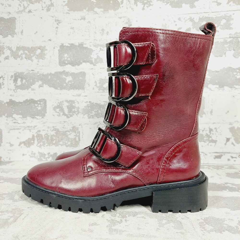 New Vince Camuto Frishea Burgundy Leather Buckles Ankle  Bootie E613